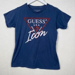 GUESS USA Womens S T Shirt Blue Graphic Logo Tee Casual Crew Neck Short Sleeve